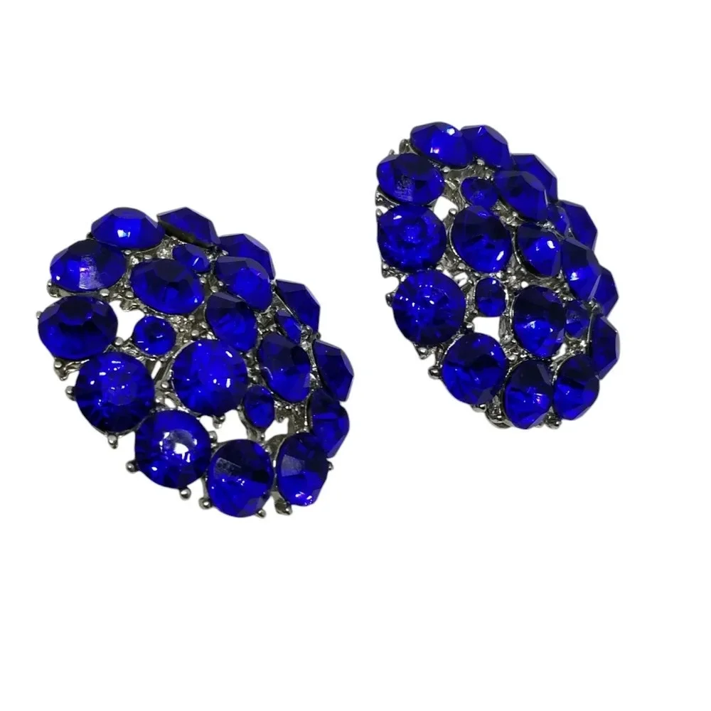 VINTAGE LARGE SILVERTONE & COBALT BLUE GLASS RHINESTONE CLIP ON EARRINGS